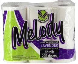 MELODY BATHROOM TISSUE 12 ROLLS 225 SHEETS LAVENDER SCENT DISPLAY
